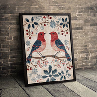 Folk Art Red Cardinal Birds Canvas Print, Winter Birds Canvas Wall Art, Comfy Holiday Nature Wall Decor, Christmas Present for Bird Lovers