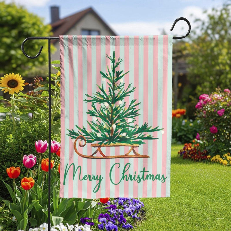 Pink Mint Stripe Xmas Yard Flag, Vintage Sleigh Merry Christmas Garden Flag, Retro Tree Outdoor Flag, Festive Holiday Lawn Porch Banner