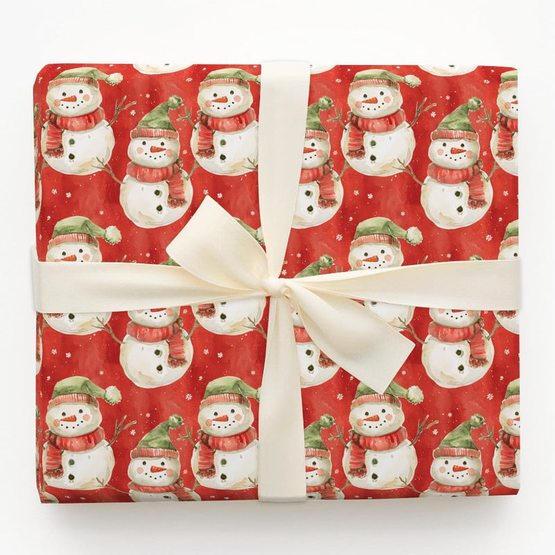 Red Holiday Gift Wrap Paper, Watercolor Snowman Christmas Wrapping Paper, Adorable Snowmen Winter Christmas Wrapping Paper Roll Present Wrap