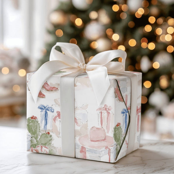 Western Christmas Gift Wrap, Cowboy Boots Cactus Wrapping Paper, Watercolor Rodeo Holiday Wrapping Paper, Country Festive Gif