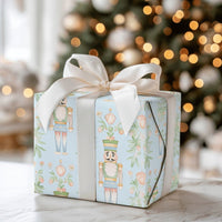 Christmas Soldier Holiday Gift Wrap, Watercolor Nutcracker Wrapping Paper, Pastel Floral Wrapping Paper, Light Blue Festive Gift Wrap Roll