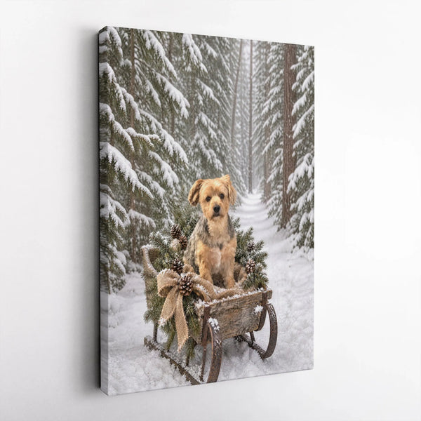 Snowy Forest Dog Wall Art, Winter Terrier Sled Canvas, Christmas Puppy Sleigh Canvas Print, Rustic Holiday Dog Lover Wall Dec