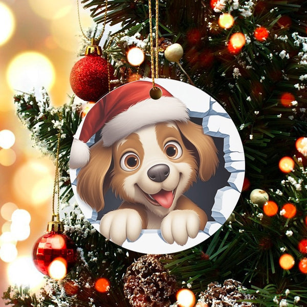 Santa Hat Dog Ornament, Cartoon Puppy Christmas Ornament, Wall Burst Puppy Ceramic Ornament, Holiday Tree Decor, Dog Lover Xm