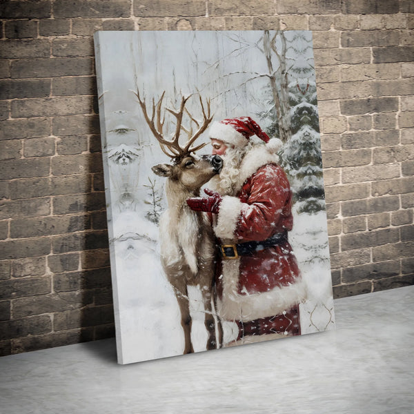 Snowy Winter Forest Canvas Print, Santa and Reindeer Canvas Wall Art, Festive Christmas Canvas Decor, Holiday Wall Art Canvas