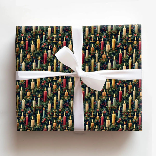 Holly Berry and Pine Wrapping Paper, Vintage Christmas Candle Wrapping Paper, Traditional Holiday Wrapping Paper, Winter Gift