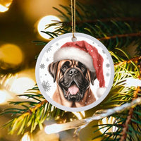 Santa Hat Dog Portrait Tree Ornament, Bullmastiff Christmas Ornament, Ceramic Puppy Breed Holiday Ornament, Festive Pet Lover Keepsake Present