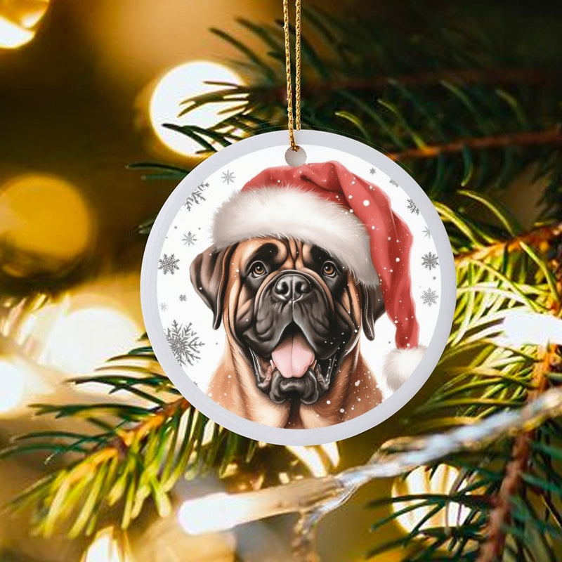 Santa Hat Dog Portrait Tree Ornament, Bullmastiff Christmas Ornament, Ceramic Puppy Breed Holiday Ornament, Festive Pet Lover Keepsake Present