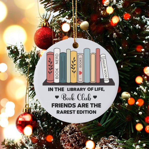Library of Life Book Lover Ornament, Book Club Christmas Ornament, Reader Ceramic Tree Ornament, Holiday Bookish Keepsake, Re
