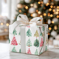 Pine Holiday Gift Wrap Paper, Watercolor Christmas Tree Wrapping Paper, Red Green Gold Gift Wrap Roll, Festive Present Wrapping Paper