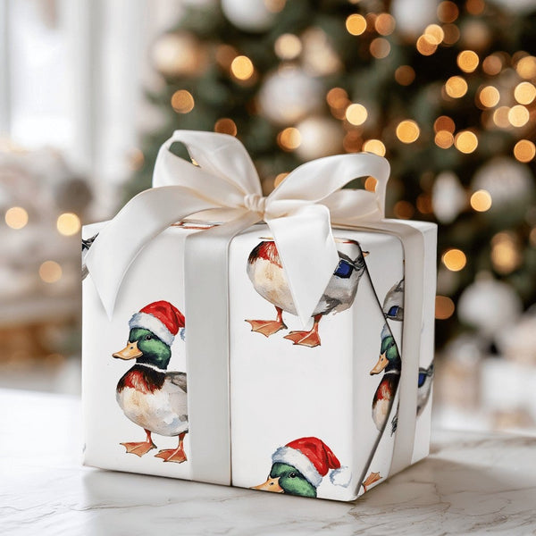 Watercolor Santa Hat Gift Wrap, Mallard Duck Christmas Wrapping Paper, Duck Bird Wrapping Paper Roll, Holiday Wrapping Paper