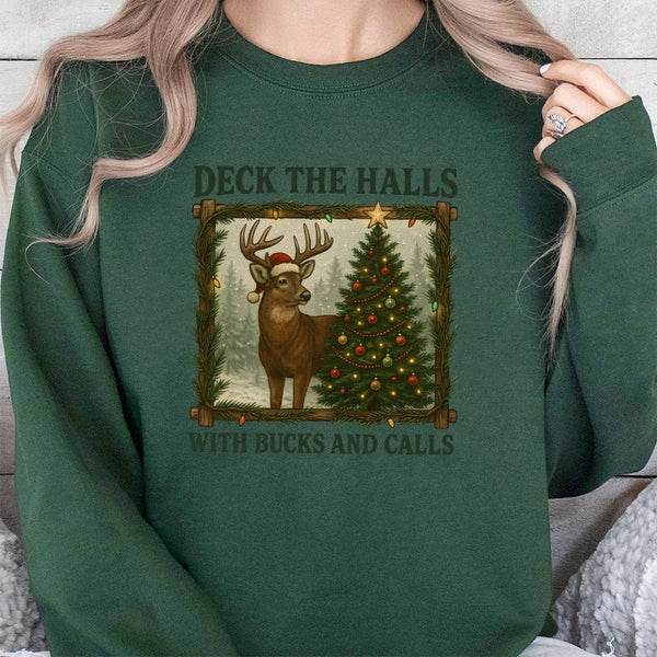 Humorous Deer Hunting Christmas Sweater, Deck the Halls with Bucks and Calls Sweatshirt, Hunter Holiday Crewneck, Hunting Xma