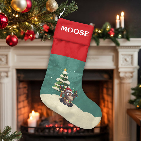 Cartoon Moose Lights Holiday Stocking, Personalized Moose Christmas Stocking, Velboa Kids Christmas Stocking, Custom Xmas Dec