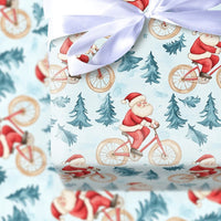 Cycling Santa Claus Gift Wrap, Santa on Bicycle Wrapping Paper, Watercolor Bike Rider Holiday Paper, Christmas Sport Wrapping Paper Roll