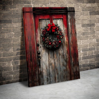 Red Wreath Farmhouse Canvas Print, Rustic Christmas Door Canvas Wall Art, Winter Holiday Decor Canvas, Country Xmas Wall Art Present