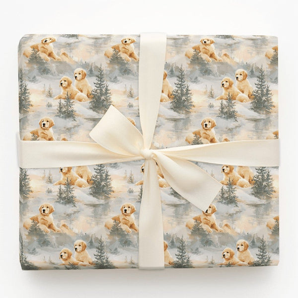 Watercolor Puppy Gift Wrap, Golden Retriever Wrapping Paper, Winter Dog Christmas Wrapping Paper, Adorable Holiday Wrapping P