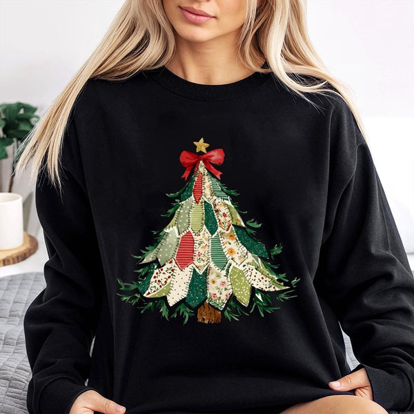 Vintage Quilt Style Xmas Sweatshirt, Patchwork Christmas Tree Sweatshirt, Farmhouse Holiday Crewneck, Comfy Winter Tree Graph