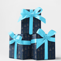 Navy Blue Winter Wrapping Paper, Night Christmas Trees Gift Wrap, Gold Star Holiday Gift Wrap Roll, Elegant Christmas Wrapping Paper Roll
