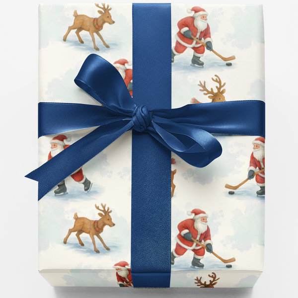Santa Playing Hockey Gift Wrap, Hockey Santa Christmas Wrapping Paper, Winter Sports Holiday Present Paper, Hockey Fan Gift W