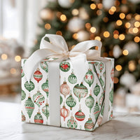Red and Green Baubles Gift Wrap, Watercolor Ornament Wrapping Paper, Festive Christmas Tree Wrapping Paper, Retro Holiday Wrapping Paper
