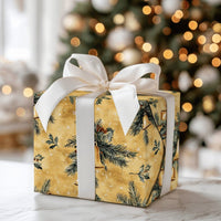 Pine Bough Holiday Gift Wrap Roll, Vintage Golden Bells Christmas Wrapping Paper, Traditional Xmas Paper, Antique Present Wrap