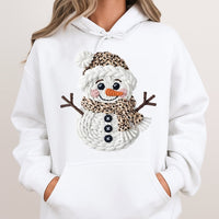 Faux Yarn Knitted Christmas Sweatshirt, Leopard Print Snowman Hoodie, Winter Snowman Graphic Hoodie, Adorable Holiday Snowman Pullover Present