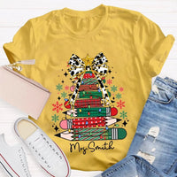 Bow and Colored Pencil Holiday Graphic Tee, Personalized Christmas Tree T-Shirt, Custom Teacher Christmas Shirt, Adorable School Holiday Tee