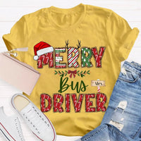 Custom Santa Hat Holiday Graphic Tee, Personalized Bus Driver Christmas T-Shirt, Merry Christmas Driver Shirt, Adorable Xmas School Bus Tee