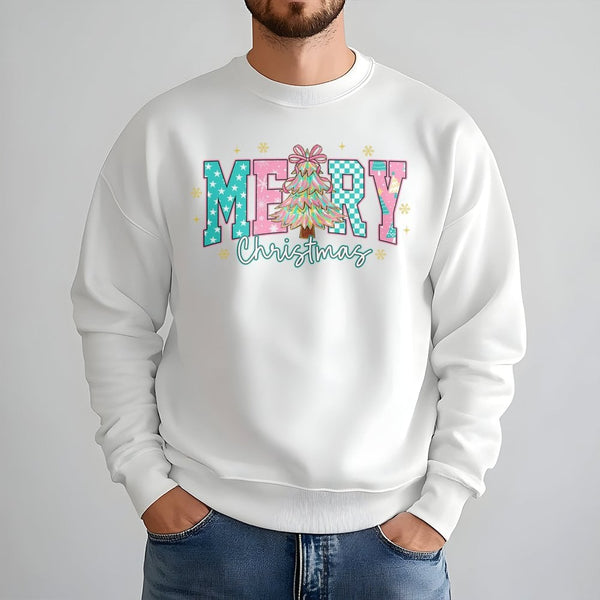 Pastel Checkered Tree Holiday Crewneck, Merry Christmas Sweatshirt, Adorable Aesthetic Xmas Sweater, Winter Holiday Pullover 