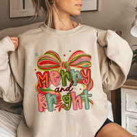 Preppy Coquette Bow Christmas Sweater, Merry and Bright Sweatshirt, Retro Girly Holiday Crewneck, Adorable Winter Season Graphic Pullover