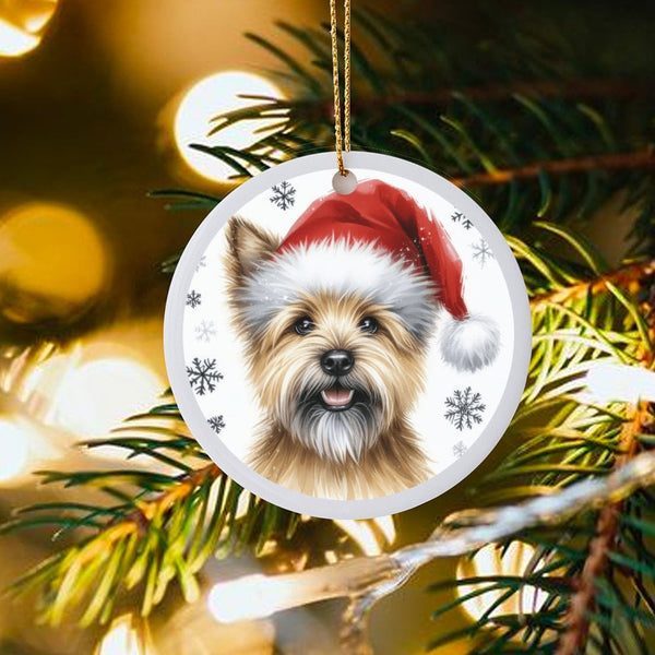 Santa Hat Dog Art Tree Ornament, Cairn Terrier Christmas Ornament, Glossy Ceramic Pet Holiday Ornament, Winter Puppy Keepsake