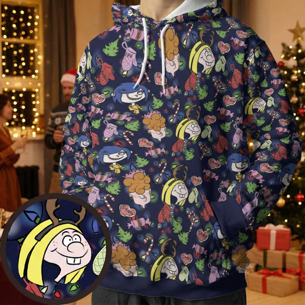 All-Over 3D Print Christmas Sweatshirt, Retro Cartoon Holiday Hoodie, Comfy Winter Graphic Hooded Fleece Pullover