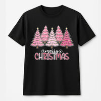 Pink Leopard Print Tree Graphic Tee, Merry Christmas T-Shirt, Adorable Holiday Season T-Shirt, Retro Womens Xmas Shirt, Family Holiday Present