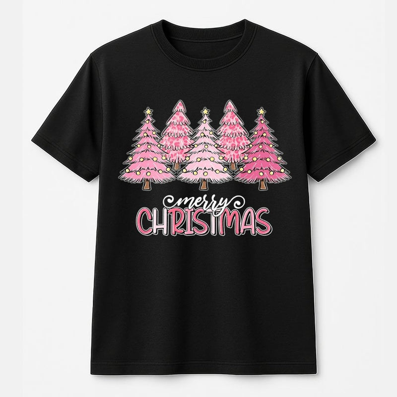 Pink Leopard Print Tree Graphic Tee, Merry Christmas T-Shirt, Adorable Holiday Season T-Shirt, Retro Womens Xmas Shirt, Family Holiday Present