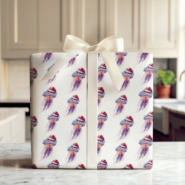 Coastal Holiday Gift Wrap, Jellyfish Christmas Wrapping Paper, Santa Hat Sea Life Present Wrap Roll, Ocean Lover Christmas Wr