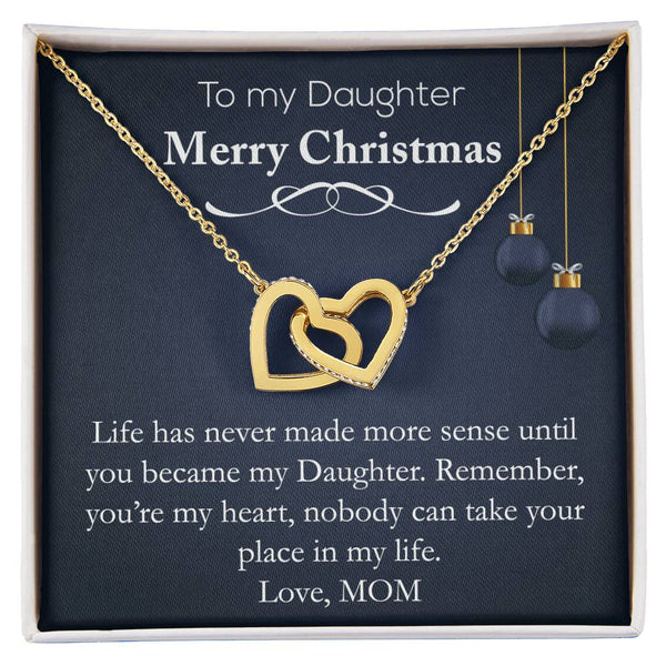 Heart Pendant with Card, Daughter Christmas Interlocking Hearts Necklace, Polished Surgical Steel Jewelry, Holiday Present fr