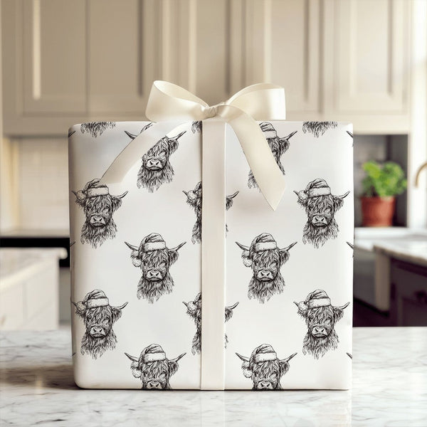 Black and White Christmas Gift Wrap, Sketch Highland Cow Wrapping Paper, Rustic Cow Holiday Wrapping Paper, Farmhouse Gift Wr