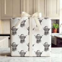 Black and White Christmas Gift Wrap, Sketch Highland Cow Wrapping Paper, Rustic Cow Holiday Wrapping Paper, Farmhouse Gift Wrap Paper Roll
