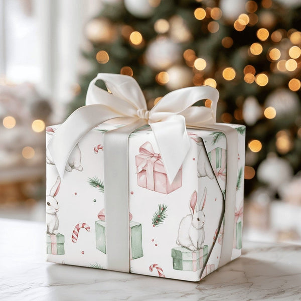 Watercolor Rabbit Holiday Gift Wrap, Adorable Bunny Christmas Wrapping Paper, Pastel Winter Bunny Wrapping Paper, Whimsical X