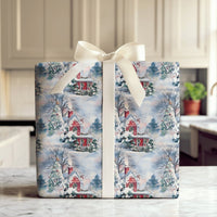 Winter Wonderland Gift Wrap, Snowy Red House Christmas Wrapping Paper, Comfy Cabin Holiday Wrapping Paper, Festive Scenic Gift Wrap Roll