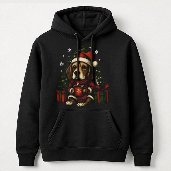 Adorable Santa Hat Puppy Holiday Hoodie, Beagle Christmas Hoodie, Dog Lover Xmas Graphic Pullover, Winter Animal Lover Hooded
