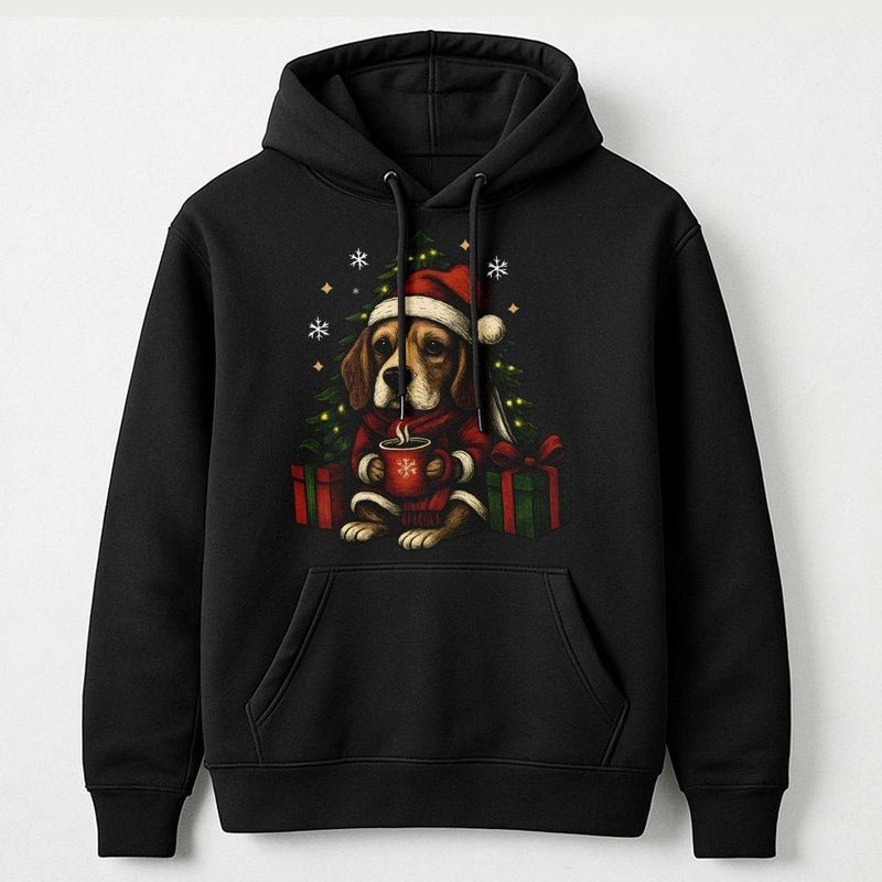 Adorable Santa Hat Puppy Holiday Hoodie, Beagle Christmas Hoodie, Dog Lover Xmas Graphic Pullover, Winter Animal Lover Hooded Sweatshirt
