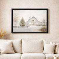 Winter Farmhouse Print, Snowy White Barn Christmas Canvas Wall Art, Rustic Lit Tree Digital Download, Holiday Home Decor Present