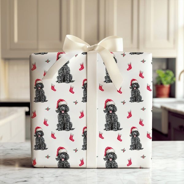 Dog Santa Hat Gift Wrap, Black Poodle Christmas Wrapping Paper, Holiday Puppy Wrapping Paper Roll, Pet Lover Xmas Gift Wrap R