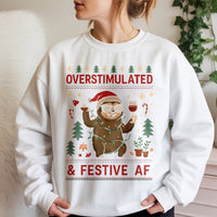 Humorous Wine Christmas Sweatshirt, Overstimulated Sloth Sweatshirt, Adorable Sloth Holiday Crewneck, Comfy Animal Pullover Sweater, Xmas Present
