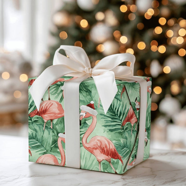 Tropical Flamingo Gift Wrap, Flamingo Christmas Wrapping Paper, Beach Holiday Wrapping Paper, Coastal Xmas Gift Wrap, Palm Le