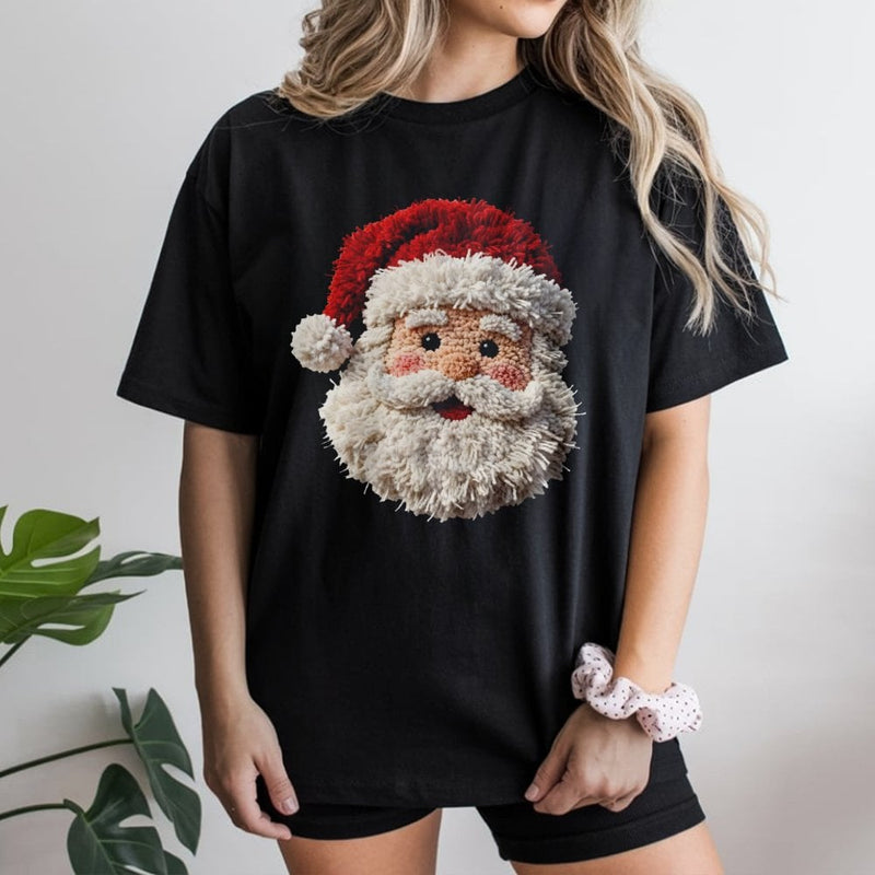 Textured Yarn Look Christmas Shirt, Punch Needle Santa T-Shirt, Vintage Santa Claus Graphic Tee, Retro Holiday Santa T-Shirt, Xmas Present