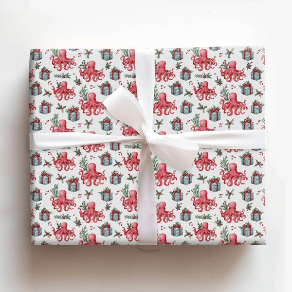 Coastal Nautical Holiday Gift Wrap, Christmas Octopus Wrapping Paper, Red Octopus Xmas Wrapping Paper, Whimsical Marine Life 