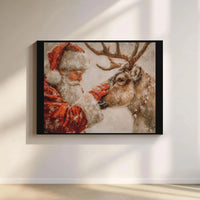 Snowy Holiday Canvas Print, Santa Claus and Reindeer Canvas Wall Art, Whimsical Christmas Wall Decor, Festive Winter Canvas, Xmas Present