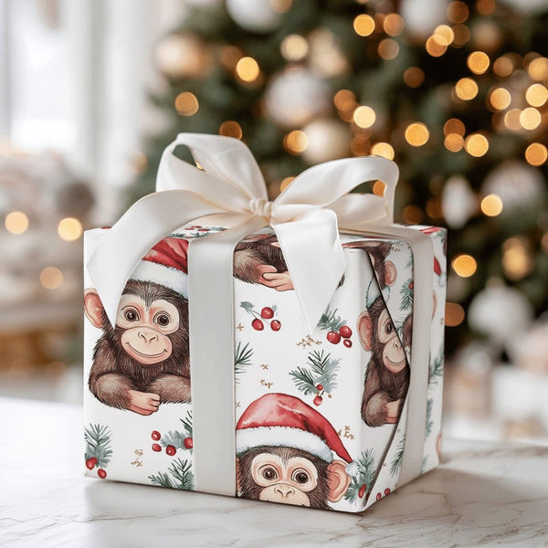Adorable Animal Christmas Gift Wrap, Santa Hat Monkey Wrapping Paper, Watercolor Chimpanzee Wrapping Paper Roll, Kids Holiday
