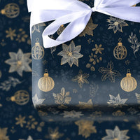 Navy Blue Christmas Gift Wrap, Gold Poinsettia Wrapping Paper, Elegant Botanical Holiday Present Paper, Winter Snowflake Wrapping Paper